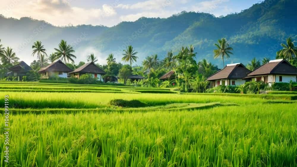 Lush green rice fields with traditional houses and mountains in the background. Lush green rice fields with traditional houses and mountains in the background.