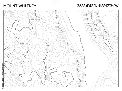 Contour map of Mount Whitney illustrating elevation lines with geographic coordinates for accurate referencing. Topographic map vector.