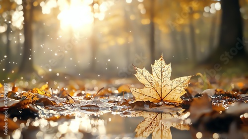 Morning dew on fallen autumn leaf, earthy tones, sharp contrast, intricate texture, soft focus background, peaceful vibe