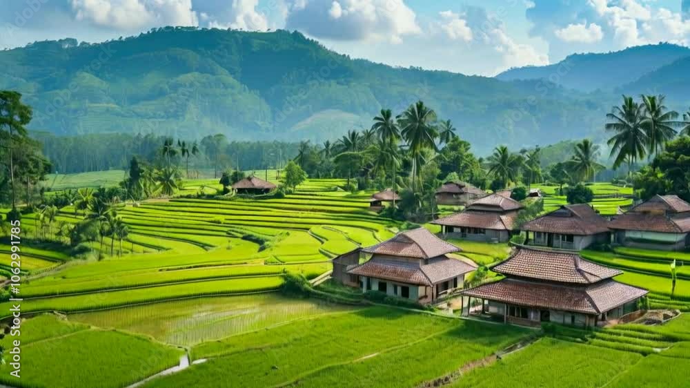 Lush green rice terraces with traditional houses and mountainous backdrop. Lush green rice terraces with traditional houses and mountainous backdrop.