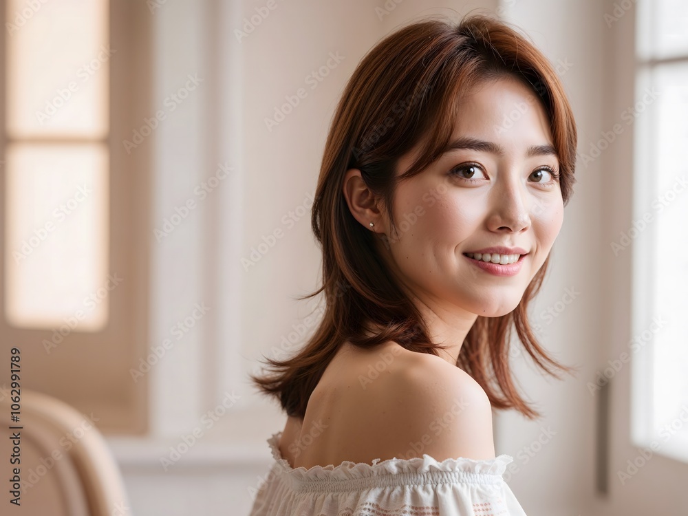 Warm Hues of SerenitySoft-Focus Portrait of a Young Korean Woman with Chestnut Brown Hair Warm Hues of SerenitySoft-Focus Portrait of a Young Korean Woman with Chestnut Brown Hair