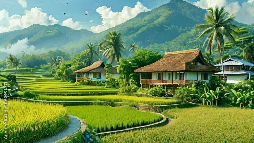 Serene landscape featuring traditional houses amidst lush green rice fields and mountains. Serene landscape featuring traditional houses amidst lush green rice fields and mountains.