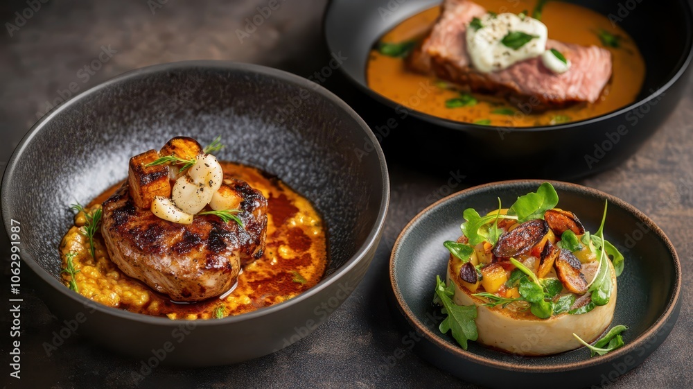 Intricately plated complex slow-cooked meal with a bespoke touch, perfect for gourmet dining experiences. Intricately plated complex slow-cooked meal with a bespoke touch, perfect for gourmet dining experiences.