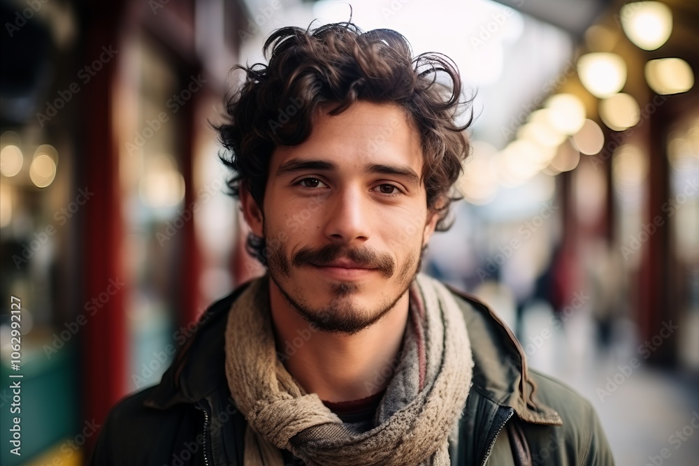 Portrait of a handsome young man with curly hair in the city Portrait of a handsome young man with curly hair in the city