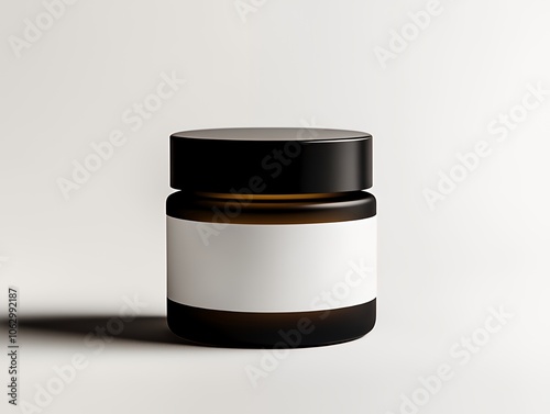Amber glass jar with black lid and blank label.