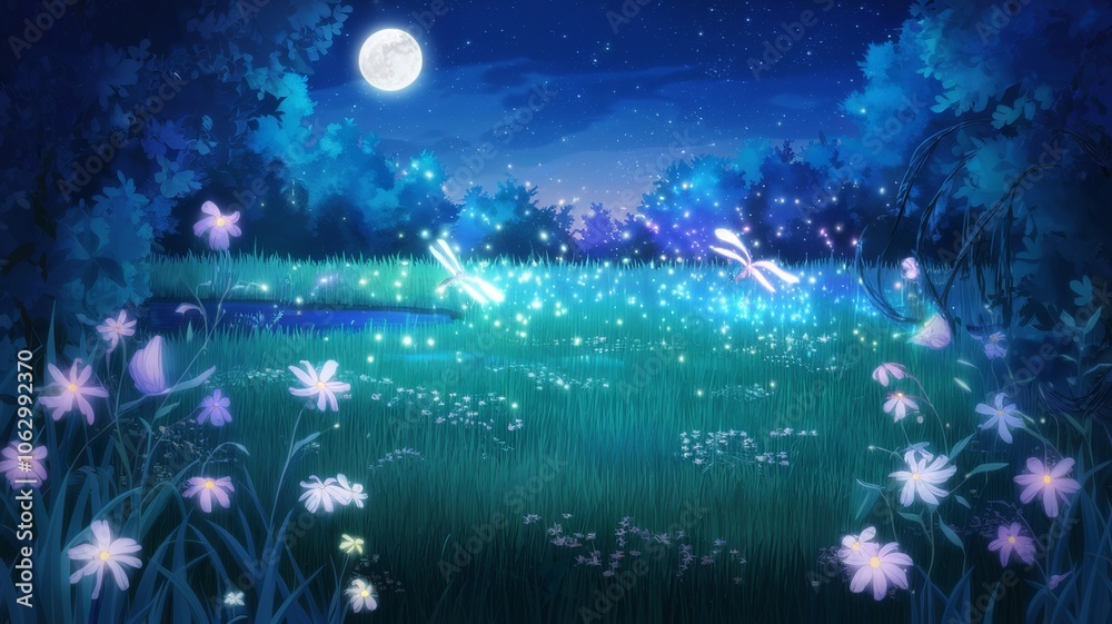 Fototapeta premium Anime scene of a magical meadow illuminated by a bright full moon. Delicate flowers glow softly, and fireflies float around a small pond. Wallpaper landscape