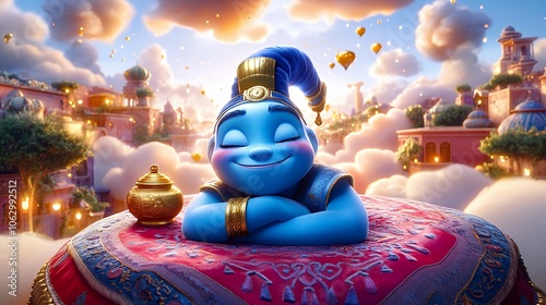 A blue genie with a happy expression sits on a magic carpet with a golden lamp in front of him, resting his arms on his knees. The genie is surrounded by clouds and a city in the distance.