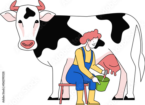 Woman Milking a Cow Illustration