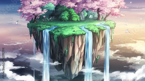 An anime scene of a floating island covered in lush greenery and waterfalls spilling down into the sky. Cherry blossom trees bloom on the island, and small birds soar around in a, fantasy atmosphere 