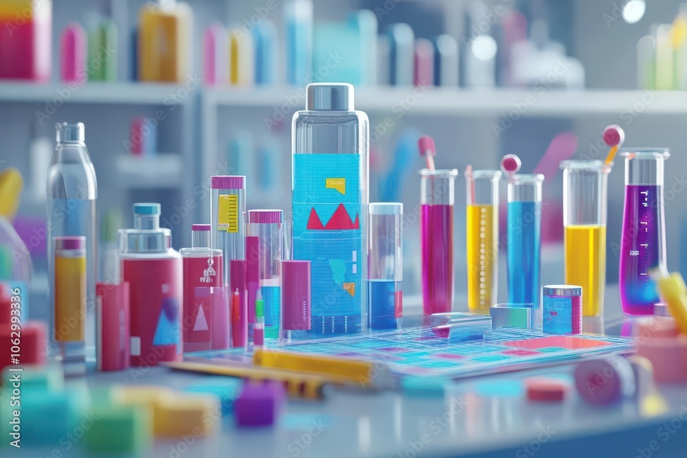 Product analysis with detailed charts and product icons, well-organized, 3D illustration Product analysis with detailed charts and product icons, well-organized, 3D illustration