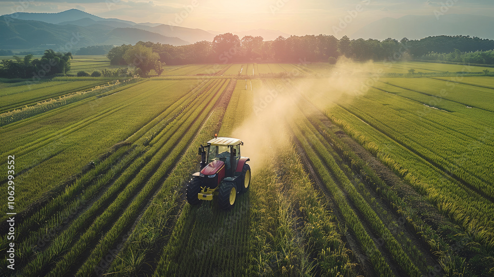 Modern farm, a tractor, modern society, harvesting in the rice field, aerial view. Modern farm, a tractor, modern society, harvesting in the rice field, aerial view.