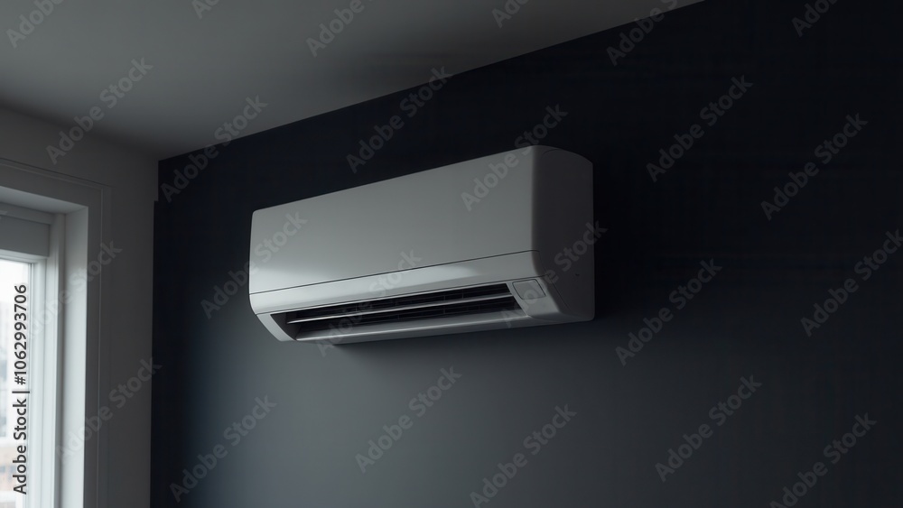 Wall-mounted split system AC unit on a black background, showing parts of an home ac system and visible cool air flow Wall-mounted split system AC unit on a black background, showing parts of an home ac system and visible cool air flow