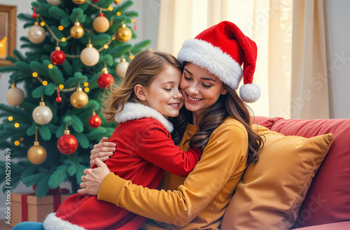 Mom hugging daughter in Santa Claus Christmas hat inside the living room