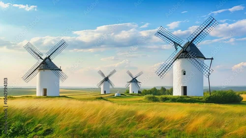 Scenic view of traditional windmills in a lush landscape under a blue sky. Scenic view of traditional windmills in a lush landscape under a blue sky.