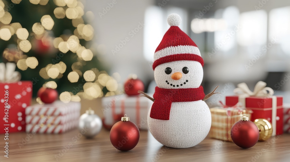Cute Snowman with Christmas Tree and Gifts in Background Cute Snowman with Christmas Tree and Gifts in Background