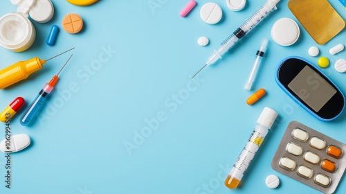 Medical supplies and medications arranged on a light blue background.