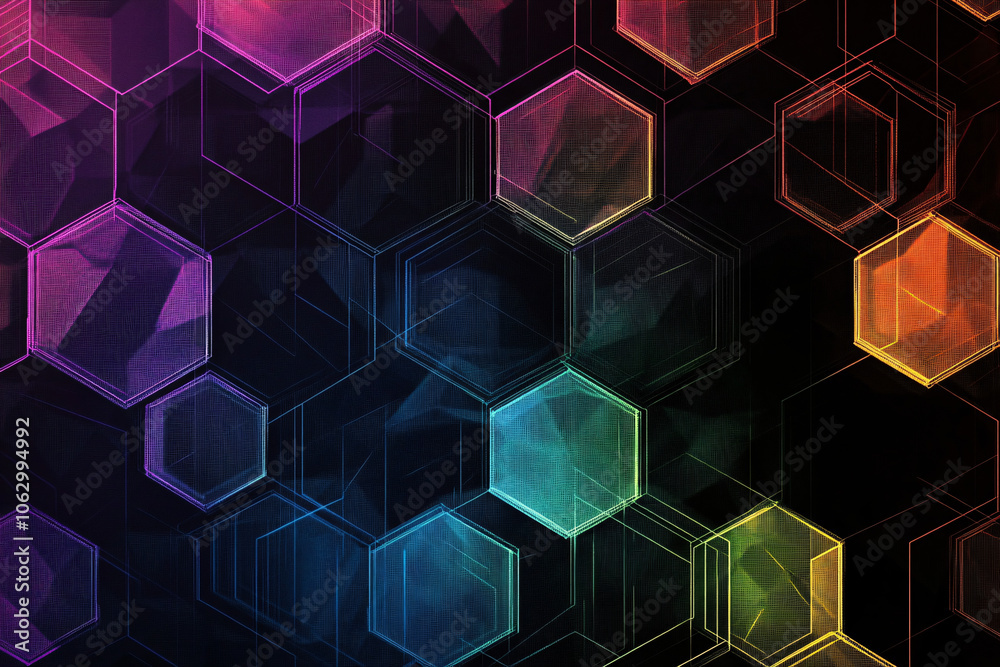 A vibrant abstract pattern of overlapping hexagons with neon colors on a dark background, creating a futuristic and dynamic design
A vibrant abstract pattern of overlapping hexagons with neon colors on a dark background, creating a futuristic and dynamic design