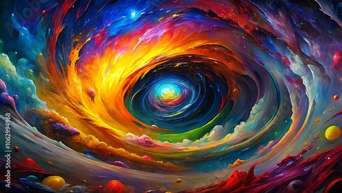 A vibrant abstract painting featuring a spiral of bold colors - red, yellow, blue, and green - swirling into a central vortex.