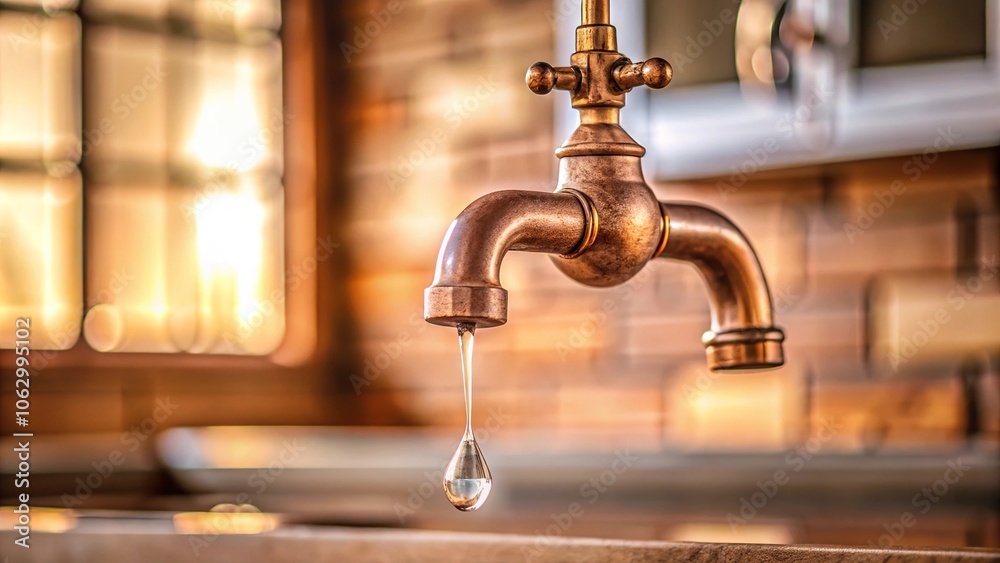 A brown drippy faucet hangs from the ceiling of a small kitchen, porcelain surface, plumbing issue, water droplets, kitchen faucet A brown drippy faucet hangs from the ceiling of a small kitchen, porcelain surface, plumbing issue, water droplets, kitchen faucet