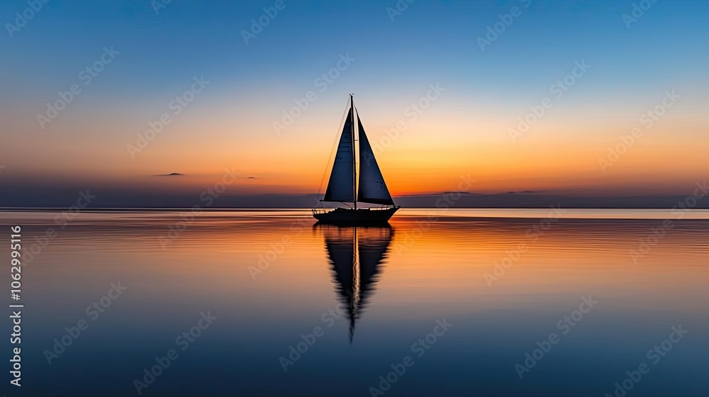 Fototapeta premium Sailboat on calm water at sunset, vibrant sky reflecting on the glassy surface.