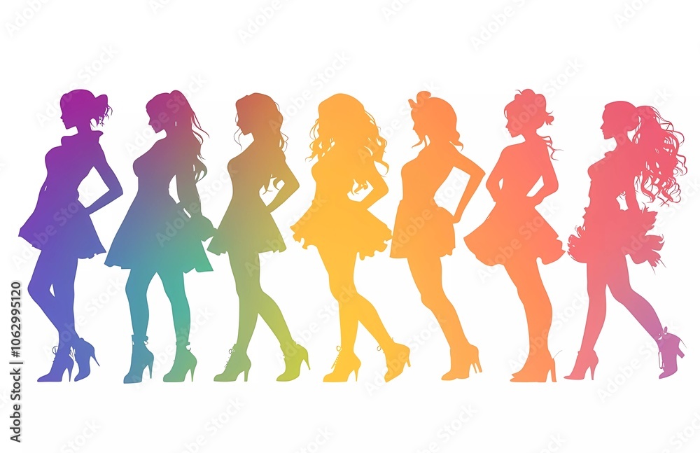 Vector illustration of a silhouette group of different women in profile, isolated on a white background, in rainbow colors Vector illustration of a silhouette group of different women in profile, isolated on a white background, in rainbow colors