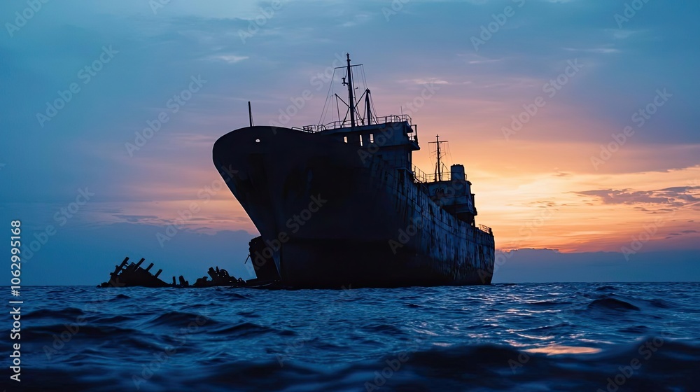 Fototapeta premium Silhouette of a ship against a vibrant sunset over calm waters.