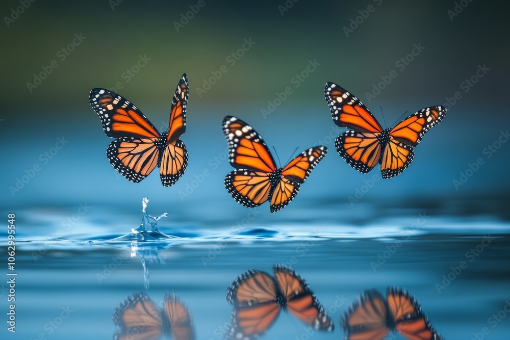 Fototapeta premium Monarch butterflies flying above water with a reflection on the surface, against a blue background.