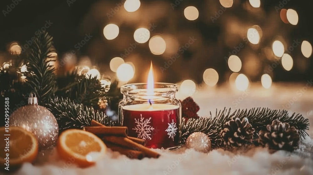 Cozy Winter Scene with Candle and Decorations Cozy Winter Scene with Candle and Decorations