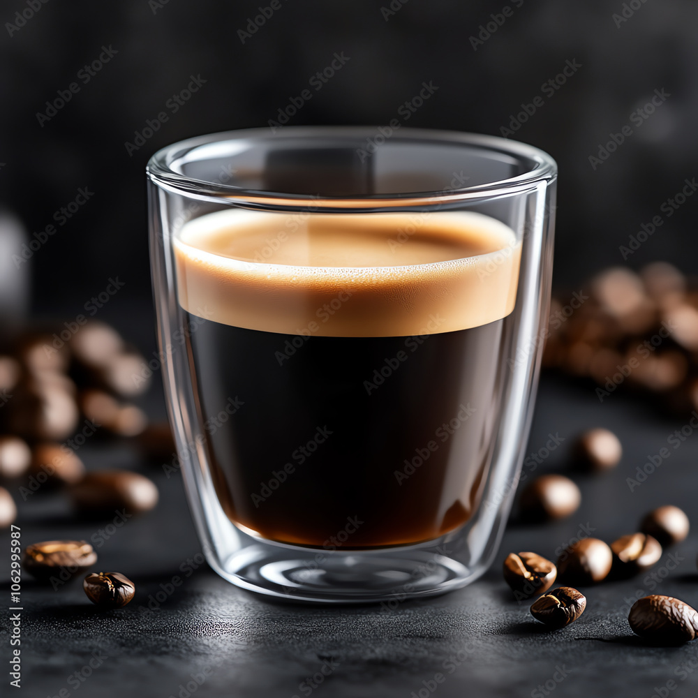 Freshly Brewed Espresso in Double-Walled Glass with Coffee Beans