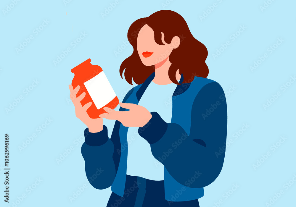 Woman with brown hair holding bottle of medicine against blue background Woman with brown hair holding bottle of medicine against blue background