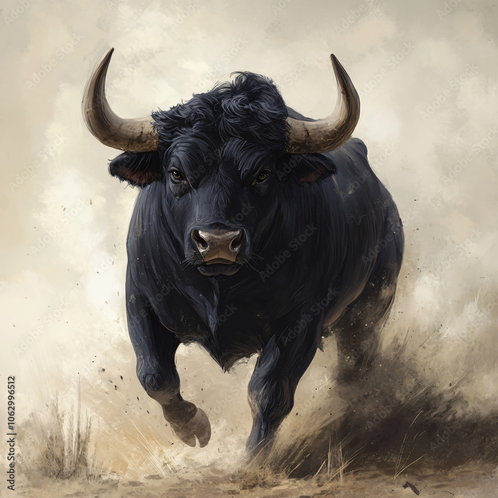 Naklejka premium Black Bull Running in Dust Angry Bull Dangerous Animal Bull Charge