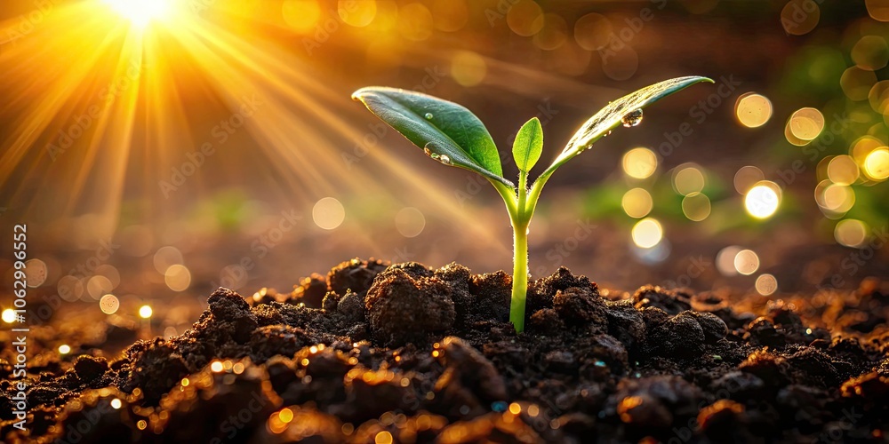 Young Plant Sprouting in Soil with Dew Drops and Sunlight - New Life ...