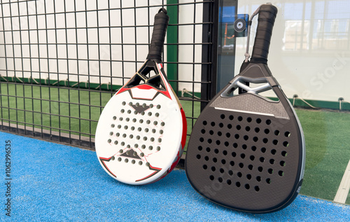  paddle rackets on the playing court photo