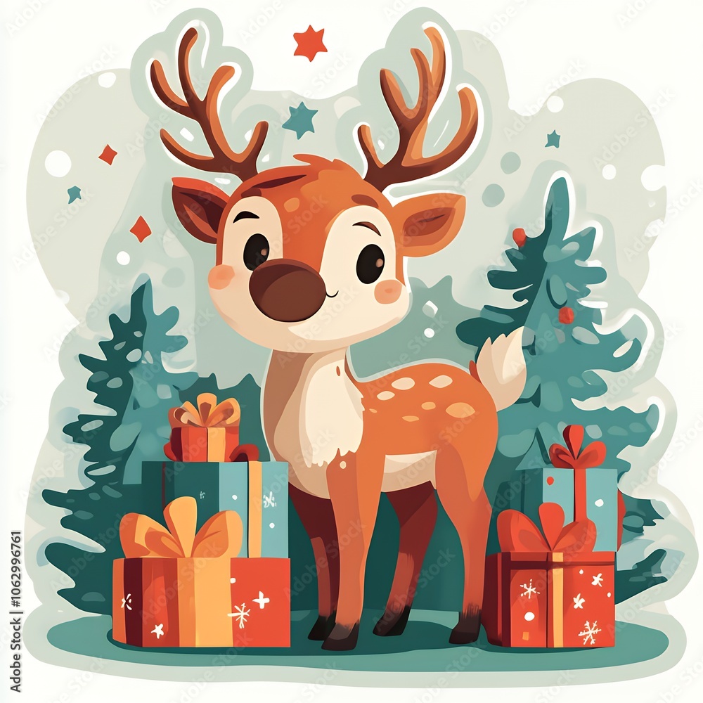A cute cartoon reindeer stands in front of a pile of wrapped gifts in a snowy winter forest. A cute cartoon reindeer stands in front of a pile of wrapped gifts in a snowy winter forest.