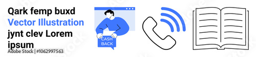 Cashback sign held by a person, a ringing phone, and an open book. Ideal for customer service, e-commerce, communication, education, technical support, marketing, and online resources. Landing page