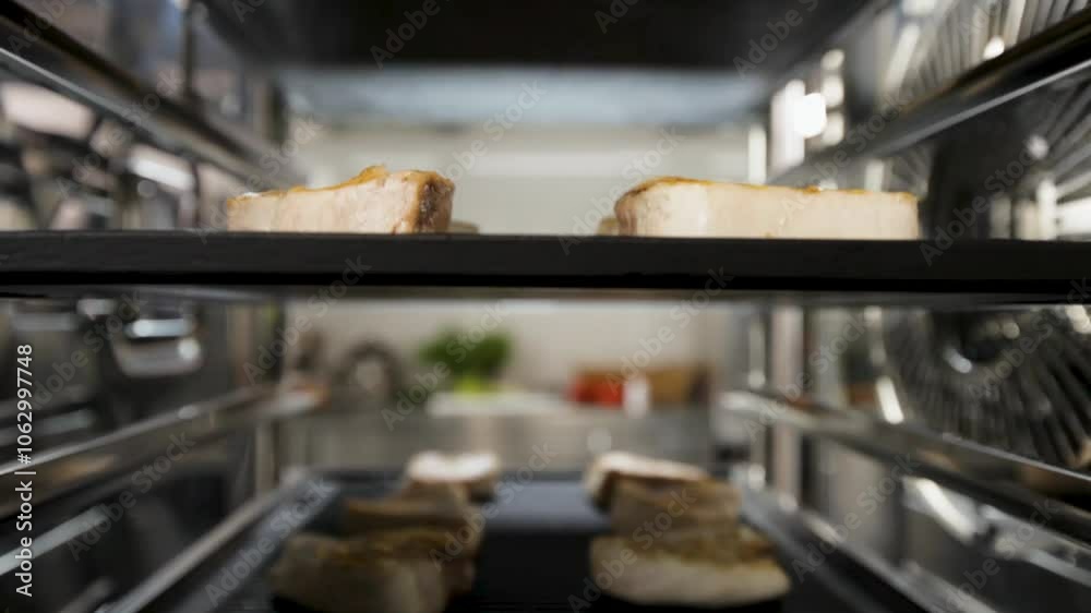 Several pieces of grilled fish are being cooked in an industrial oven, viewed from a low angle Several pieces of grilled fish are being cooked in an industrial oven, viewed from a low angle