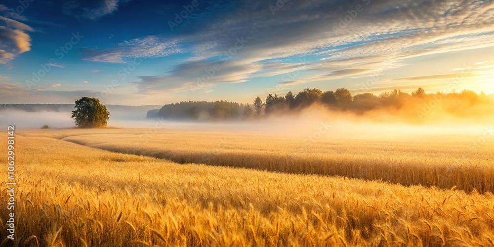 Obraz premium A misty morning scene with fog rolling in over a landscape of golden wheat fields, nature photography, agricultural land, misty dawn, autumn landscape