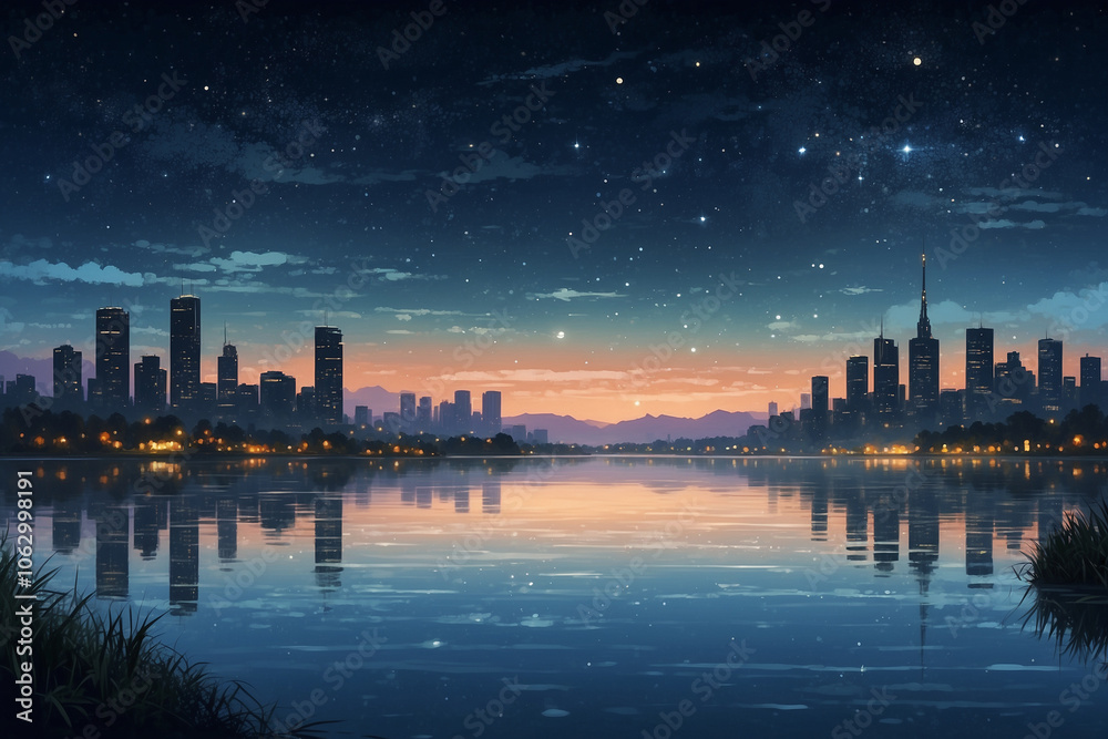 Anime style, tranquil lakeside with city skyline in the distance, warm city lights shimmering over the water, night sky full of stars, faint mist over the lake, calm and dreamy atmosphere. Anime style, tranquil lakeside with city skyline in the distance, warm city lights shimmering over the water, night sky full of stars, faint mist over the lake, calm and dreamy atmosphere.