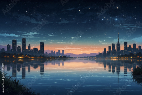 Anime style, tranquil lakeside with city skyline in the distance, warm city lights shimmering over the water, night sky full of stars, faint mist over the lake, calm and dreamy atmosphere.