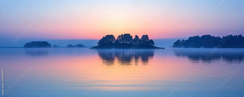 Obraz premium Tranquil sunrise over a serene lake with silhouettes of islands.