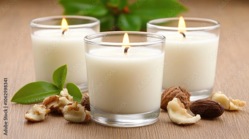 Tranquil Candles with Natural Elements on Wooden Surface Tranquil Candles with Natural Elements on Wooden Surface