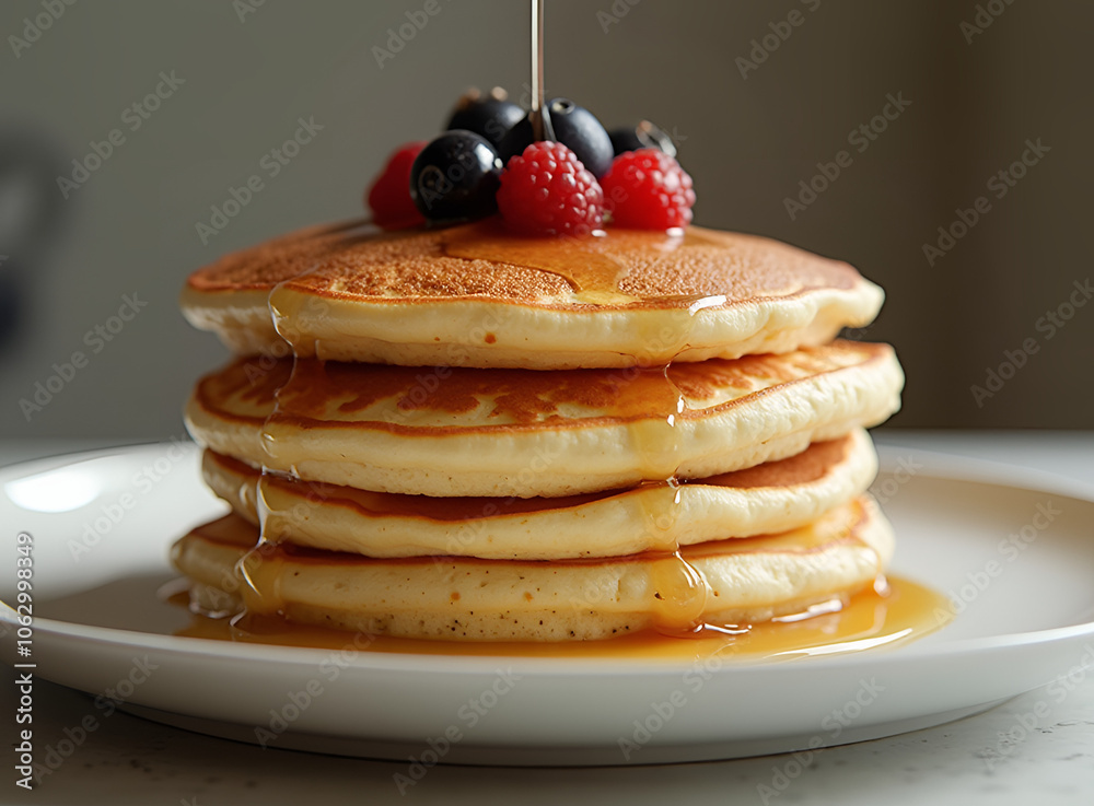Stack of Golden Fluffy Pancakes with Fresh Berries and Maple Syrup on White Plate Stack of Golden Fluffy Pancakes with Fresh Berries and Maple Syrup on White Plate