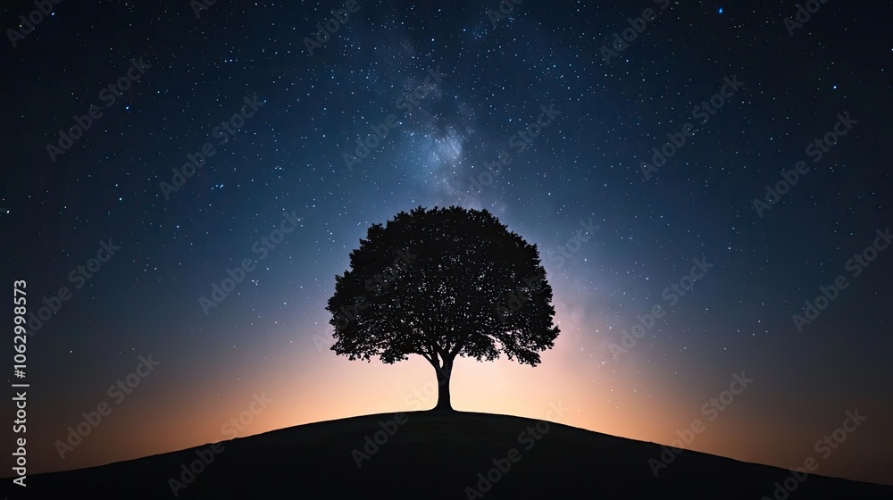 Silhouette of a tree against a starry night sky, creating a serene landscape. Silhouette of a tree against a starry night sky, creating a serene landscape.