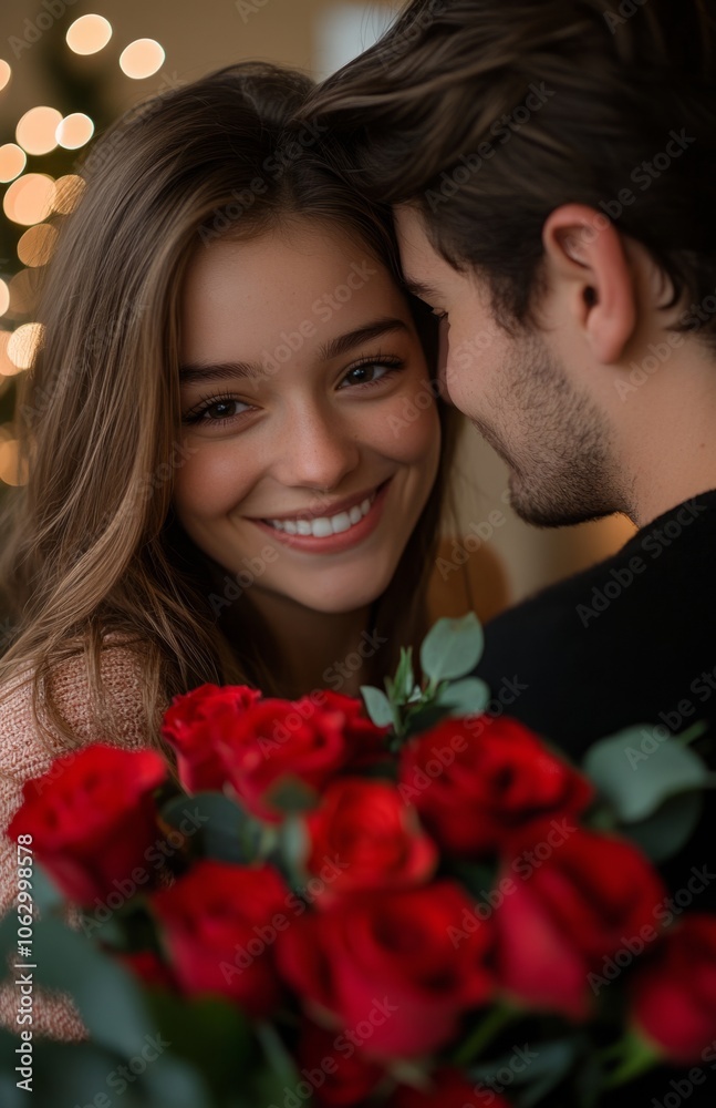 Young woman hugging boyfriend holding roses, Valentines Day celebration at home Young woman hugging boyfriend holding roses, Valentines Day celebration at home