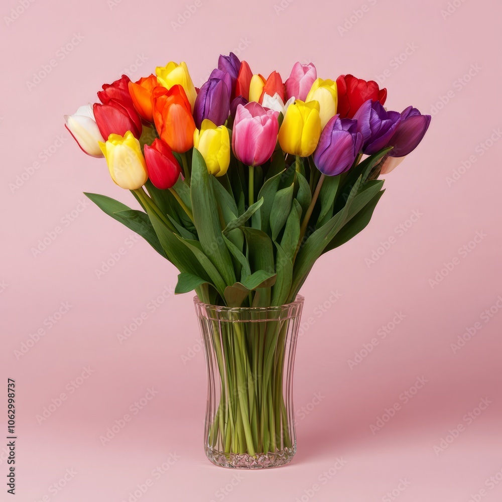 A vibrant bouquet of tulips in a clear vase against a pink background. A vibrant bouquet of tulips in a clear vase against a pink background.