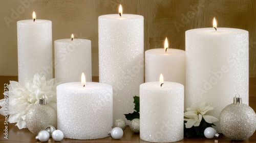 Elegant White Candles with Holiday Decorations