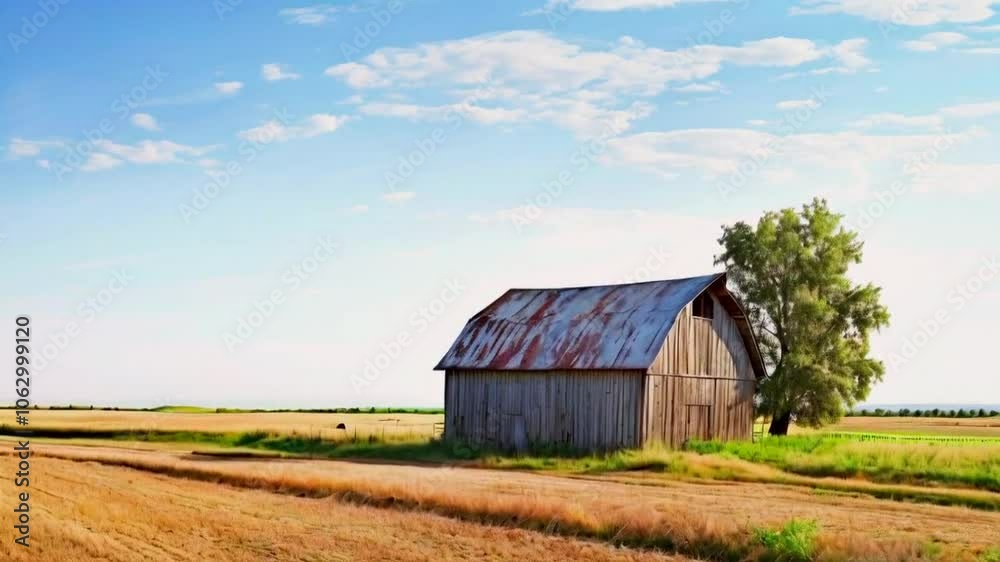A rustic barn stands in a golden field under a bright blue sky with scattered clouds. A rustic barn stands in a golden field under a bright blue sky with scattered clouds.