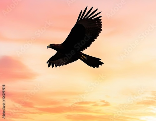 Eagle soaring against a colorful sunset sky silhouette.