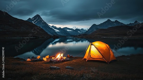 Campsite with tent and campfire near a serene lake during twilight.