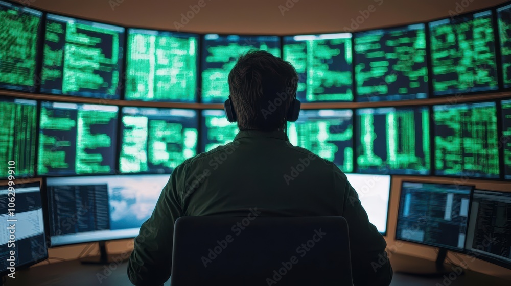 Hacker with multiple screens analyzing cyber threats, glowing green data streams Hacking Skills, Cyber Threats Hacker with multiple screens analyzing cyber threats, glowing green data streams Hacking Skills, Cyber Threats